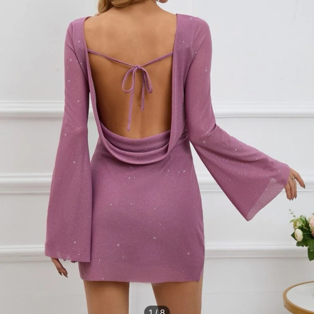 NWT-Tie Backless Draped Detail Flounce Sleeve Glitter
Mesh Dress